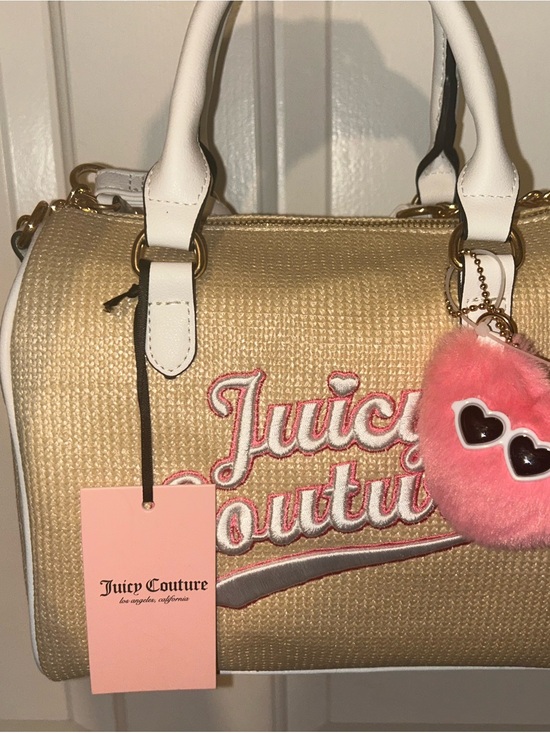 Juicy Couture Handbags - Juicy Couture Gold Straw Satchel with White Handles and Pink Pom Charm